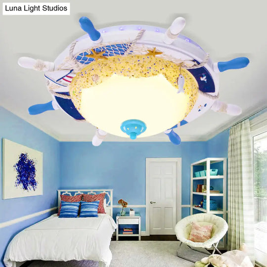 Contemporary Led Metal Flush Mount Lamp For Childrens Room - Blue Rudder Shade With Frosted Glass