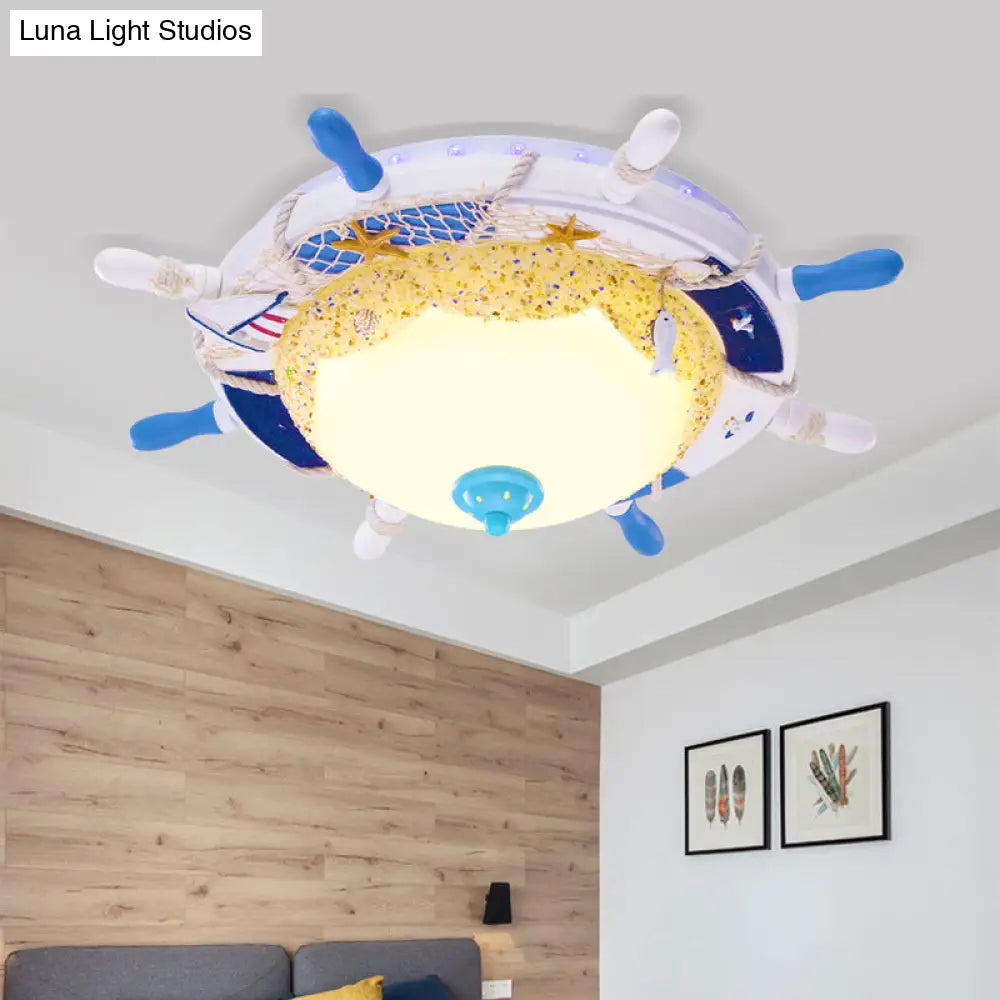Contemporary Led Metal Flush Mount Lamp For Children’s Room - Blue Rudder Shade With Frosted Glass