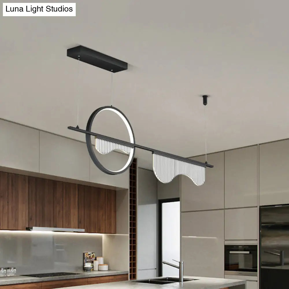 Contemporary Led Metal Island Pendant With Acrylic Wavy Design - Black Circle & Linear Down Lighting