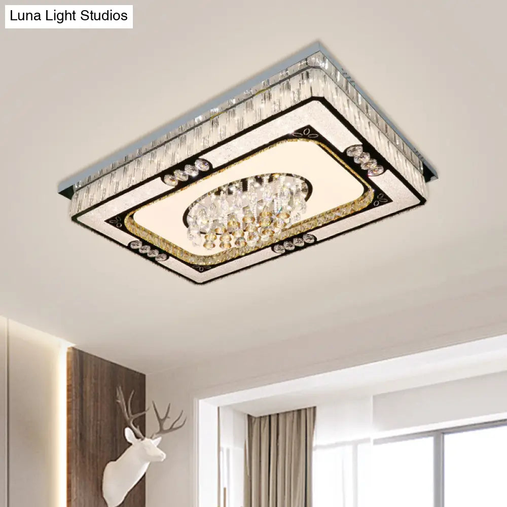 Contemporary Led Nickel Flush Ceiling Mount With Clear Crystal Blocks - Ideal For Great Rooms