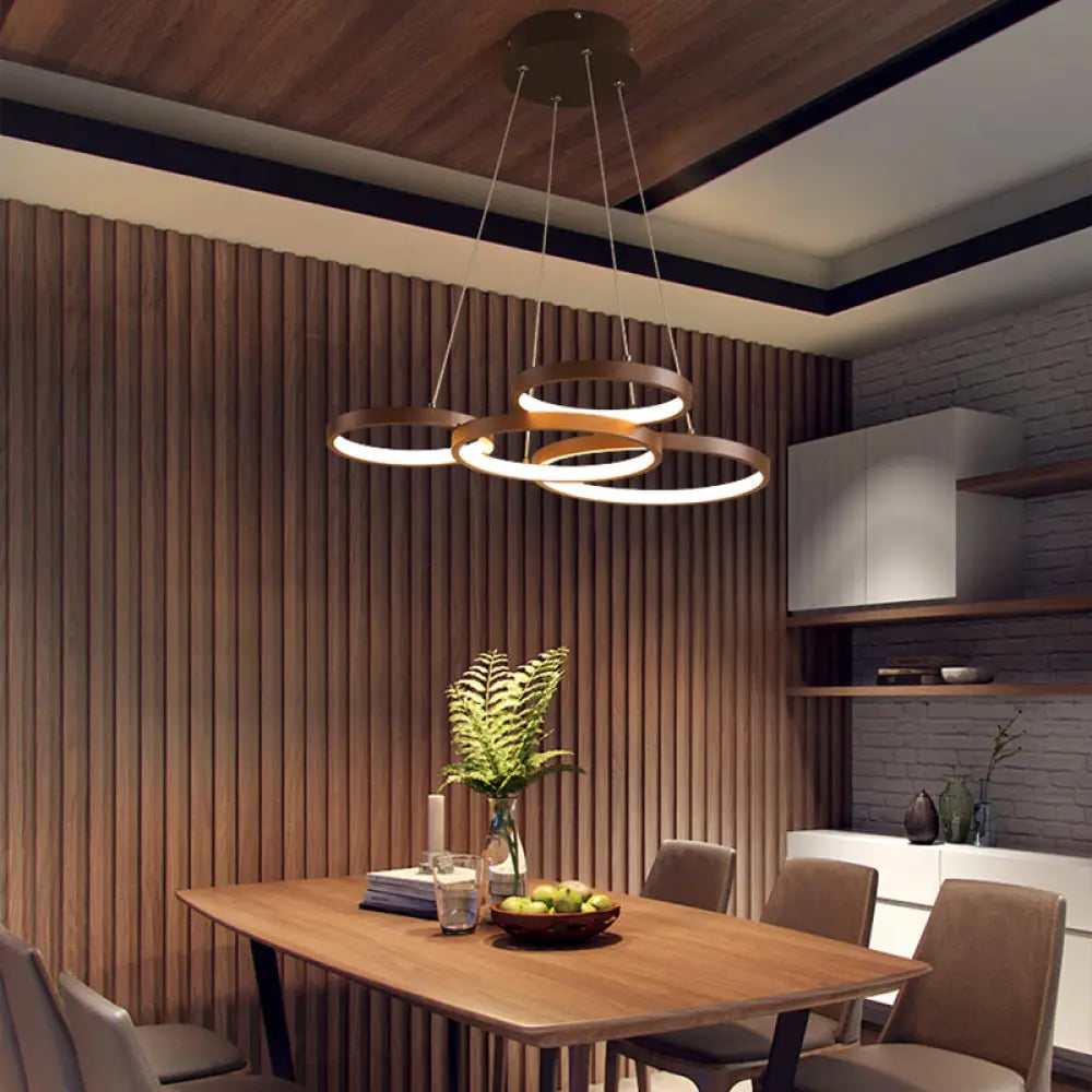 Contemporary Led Pendant Chandelier 3/4/5-Tiered Halo Ring Design Brown Finish Acrylic Shade / 4