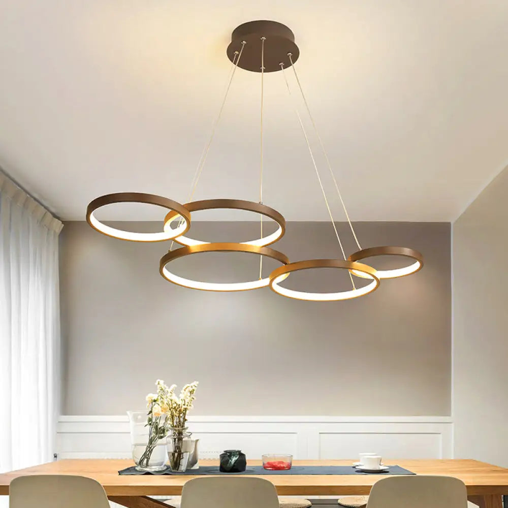 Contemporary Led Pendant Chandelier 3/4/5-Tiered Halo Ring Design Brown Finish Acrylic Shade / 5