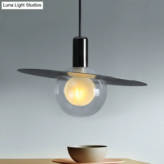 Contemporary Black Glass Pendant Lamp With Led And Ring Disk Clear