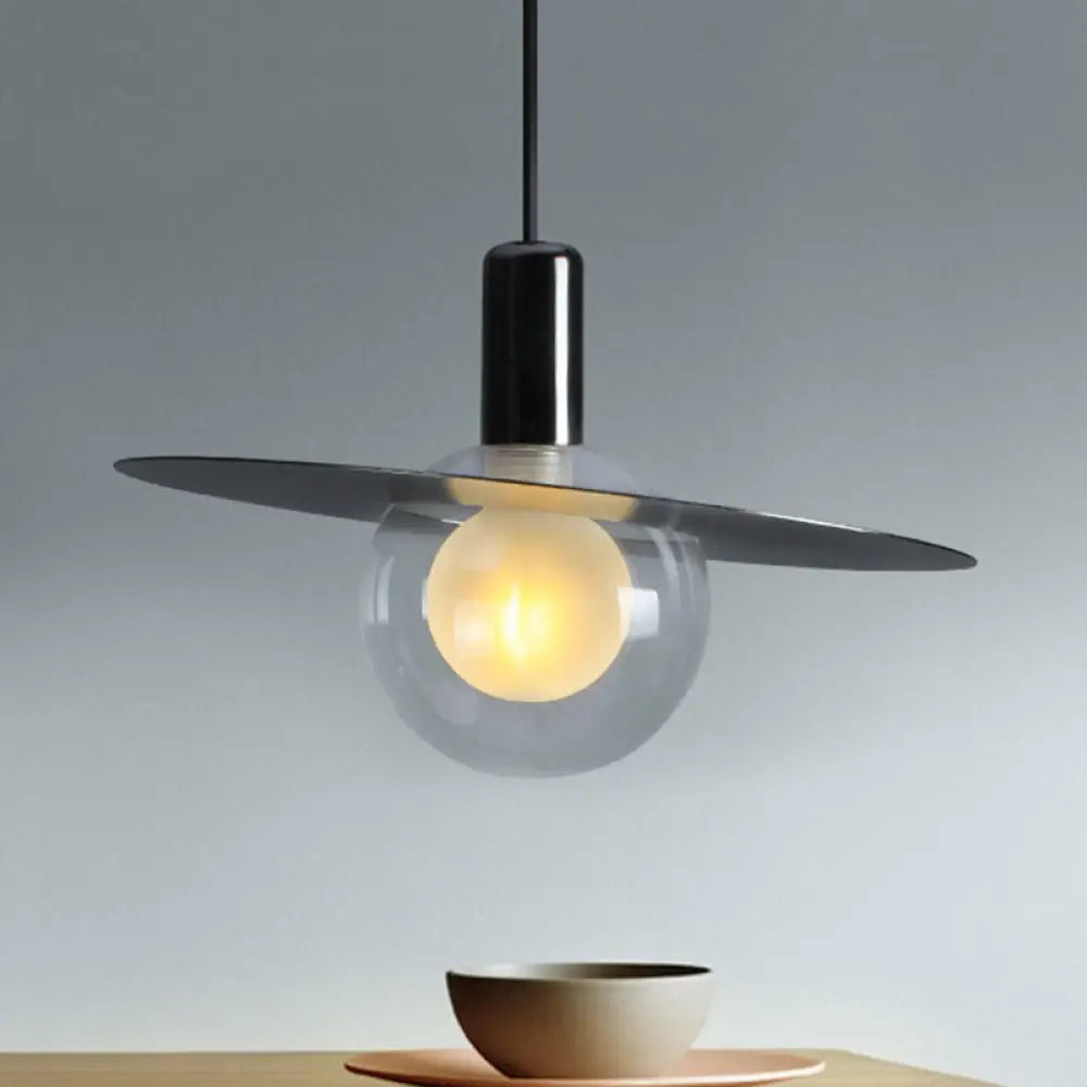 Contemporary Led Pendant Lamp: Globe Clear Glass Black Hanging Light Fixture With Ring Disk