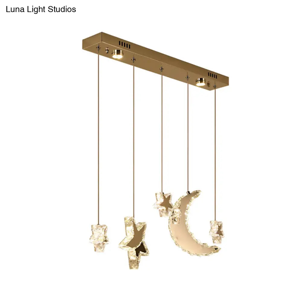 Contemporary Led Pendant Lamp - Moon And Star Bedroom Hanging Light With Clear Crystal Blocks