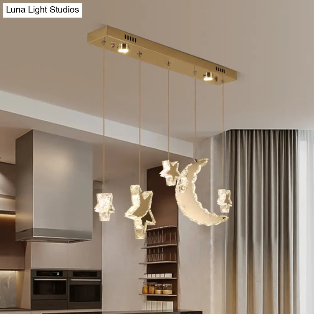 Contemporary Led Pendant Lamp - Moon And Star Bedroom Hanging Light With Clear Crystal Blocks