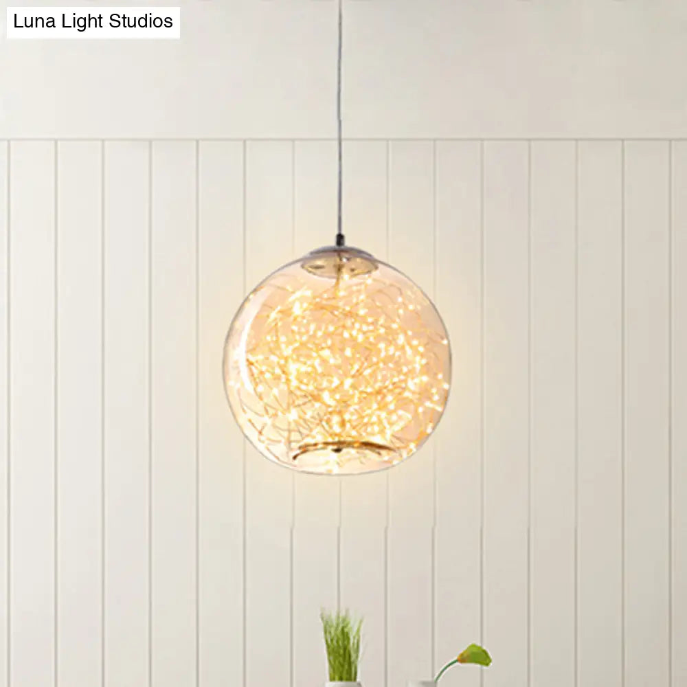 Contemporary Led Pendant Light With Elegant Amber/Smoke Grey Glass Globe/Cylinder/Oval Design For