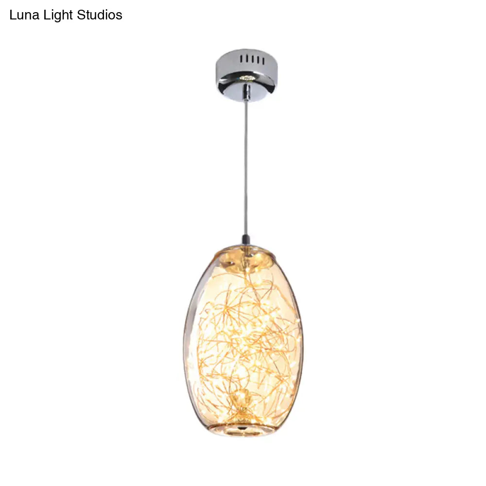 Contemporary Led Pendant Light With Elegant Amber/Smoke Grey Glass Globe/Cylinder/Oval Design For