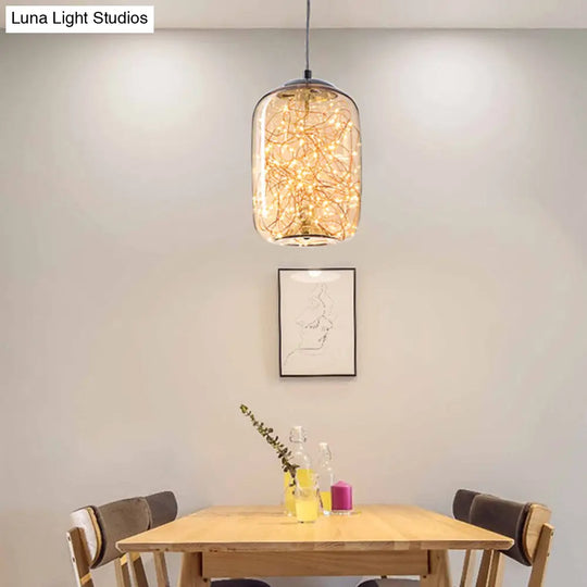 Contemporary Led Pendant Light With Elegant Amber/Smoke Grey Glass Globe/Cylinder/Oval Design For