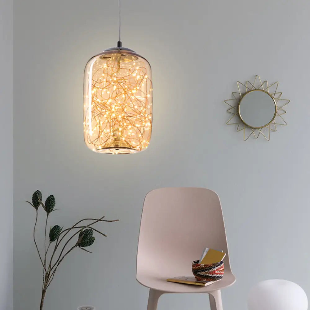 Contemporary Led Pendant Light With Amber/Smoke Grey Glass Globe/Cylinder/Oval - Ideal For Living