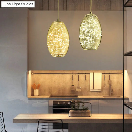 Contemporary Led Pendant Light With Elegant Amber/Smoke Grey Glass Globe/Cylinder/Oval Design For