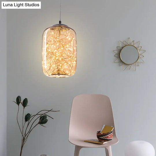 Contemporary Led Pendant Light With Elegant Amber/Smoke Grey Glass Globe/Cylinder/Oval Design For