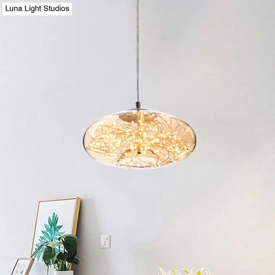 Contemporary Led Pendant Light With Elegant Amber/Smoke Grey Glass Globe/Cylinder/Oval Design For