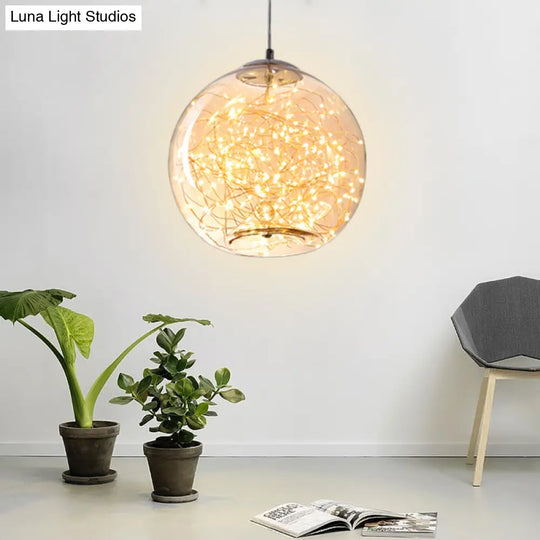 Contemporary Led Pendant Light With Elegant Amber/Smoke Grey Glass Globe/Cylinder/Oval Design For