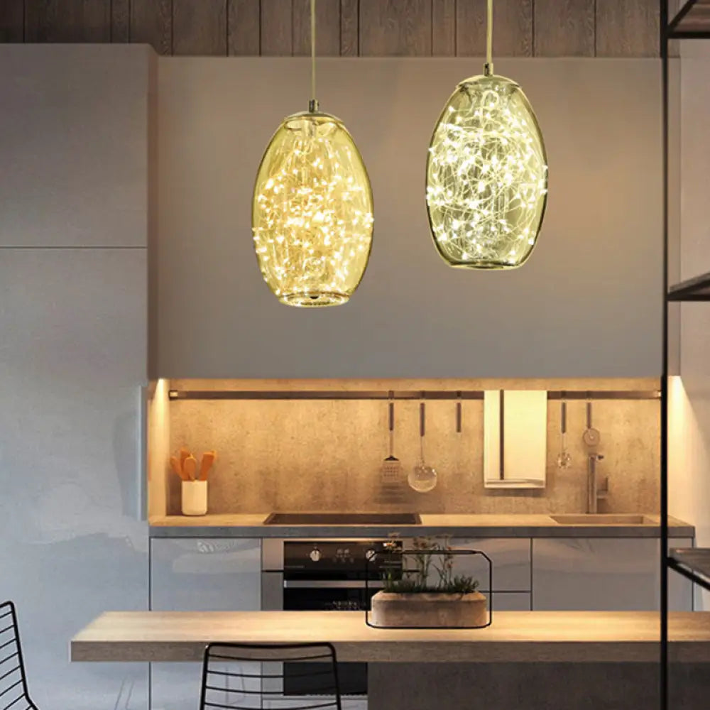 Contemporary Led Pendant Light With Amber/Smoke Grey Glass Globe/Cylinder/Oval - Ideal For Living