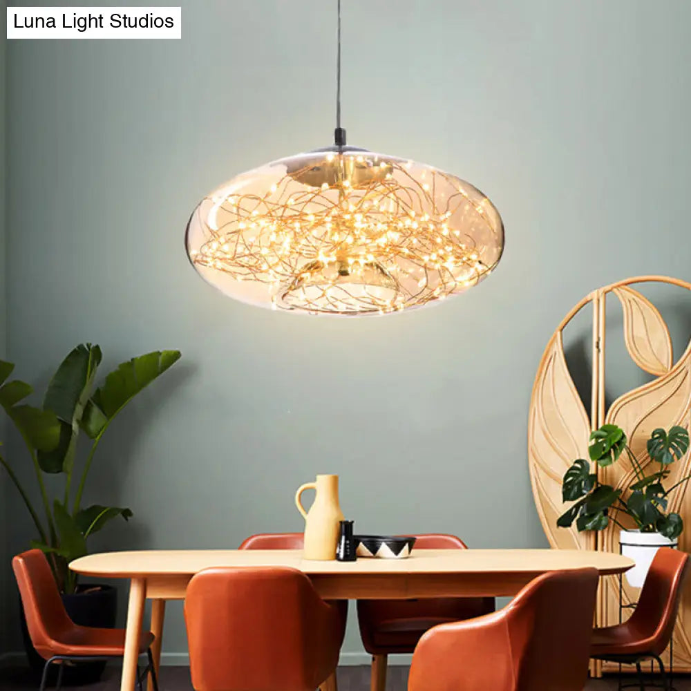 Contemporary Led Pendant Light With Elegant Amber/Smoke Grey Glass Globe/Cylinder/Oval Design For