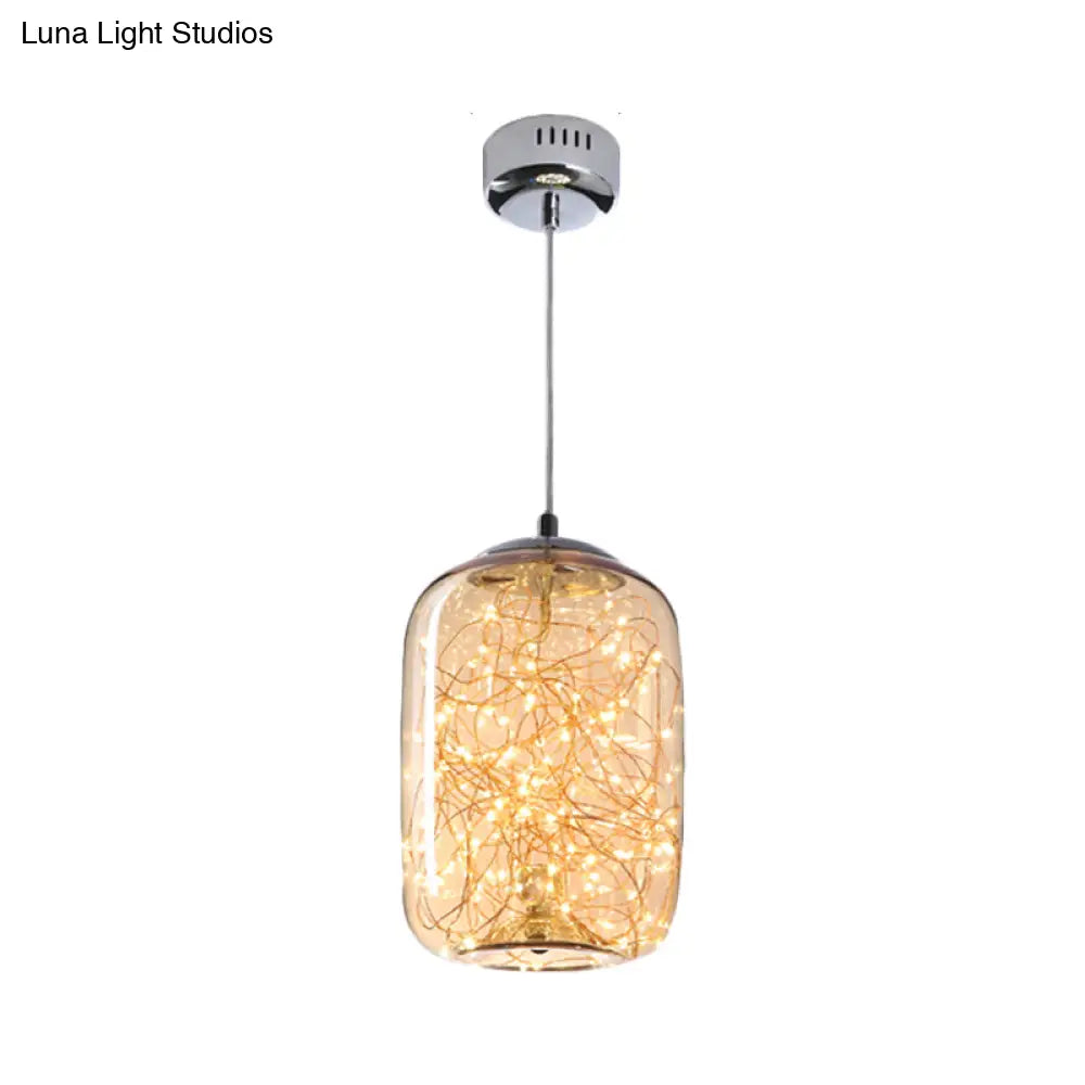 Contemporary Led Pendant Light With Amber/Smoke Grey Glass Globe/Cylinder/Oval - Ideal For Living