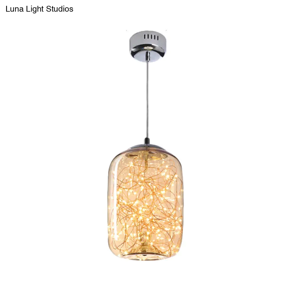 Contemporary Led Pendant Light With Elegant Amber/Smoke Grey Glass Globe/Cylinder/Oval Design For