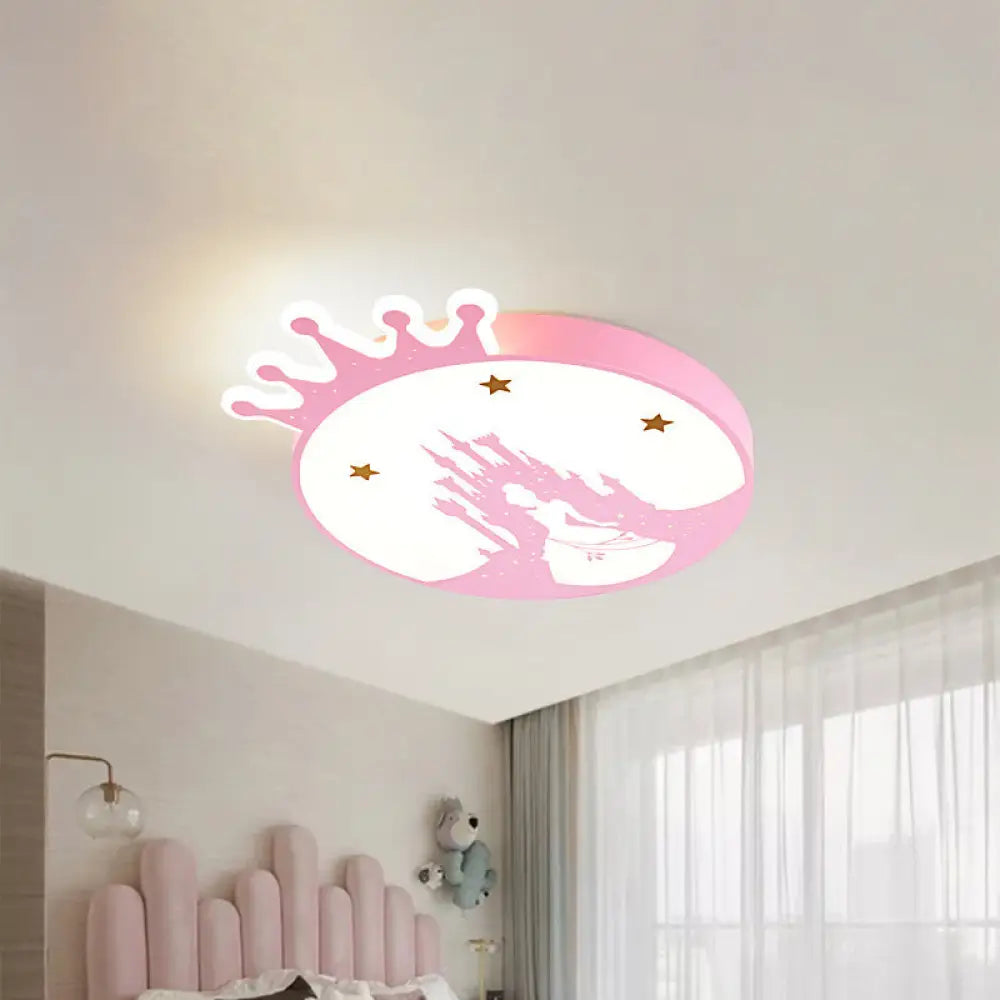 Contemporary Led Pink Acrylic Round Ceiling Light With Princess Pattern