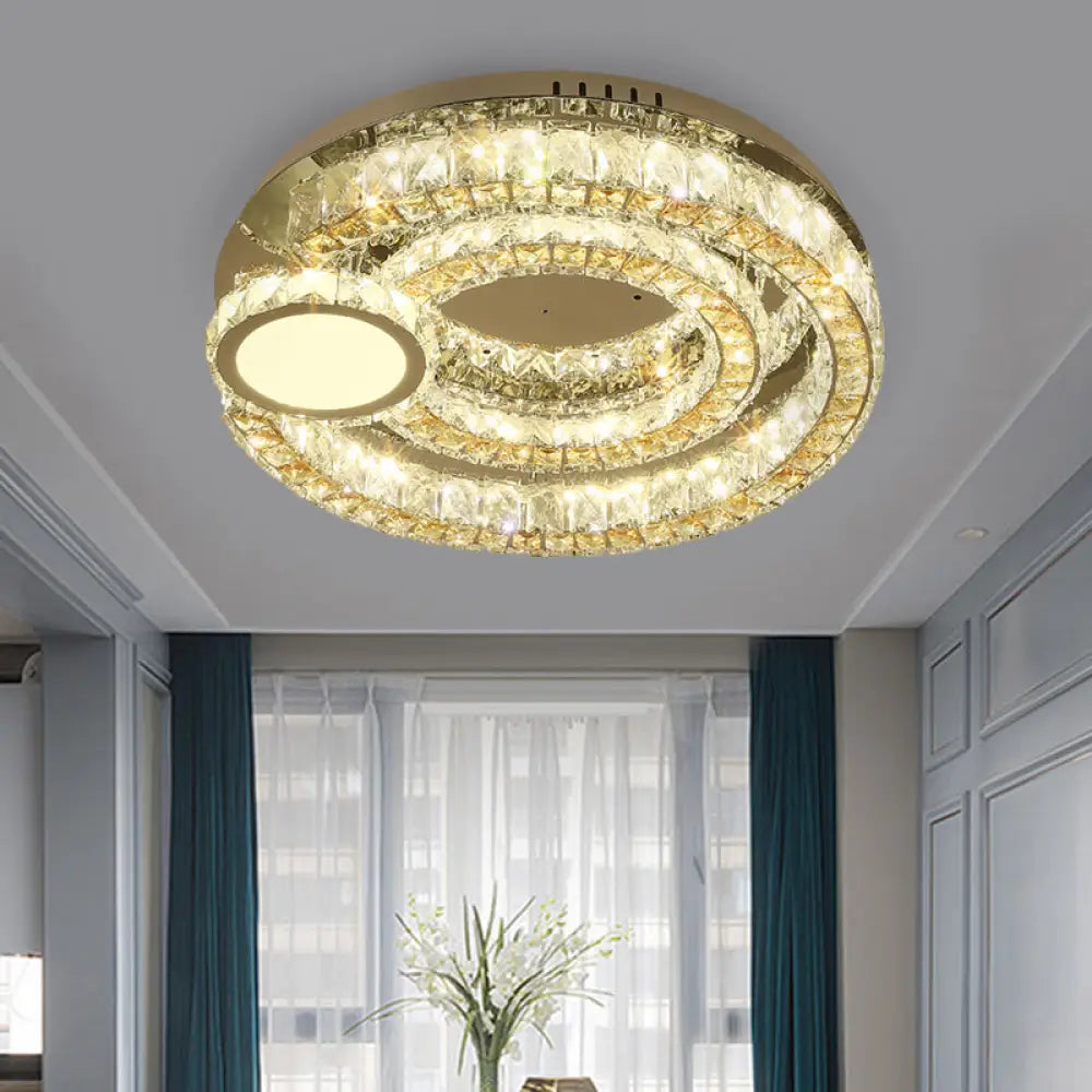 Contemporary Led Ring Flushmount: Stainless - Steel Finish Clear Faceted Crystal Blocks Ceiling