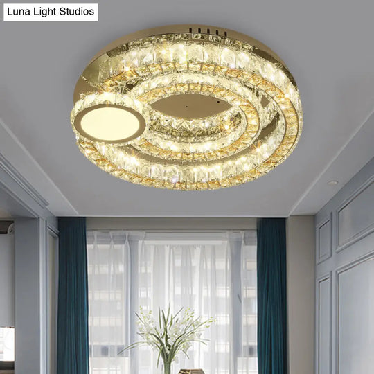 Contemporary Led Ring Flushmount: Stainless-Steel Finish Clear Faceted Crystal Blocks Ceiling Light