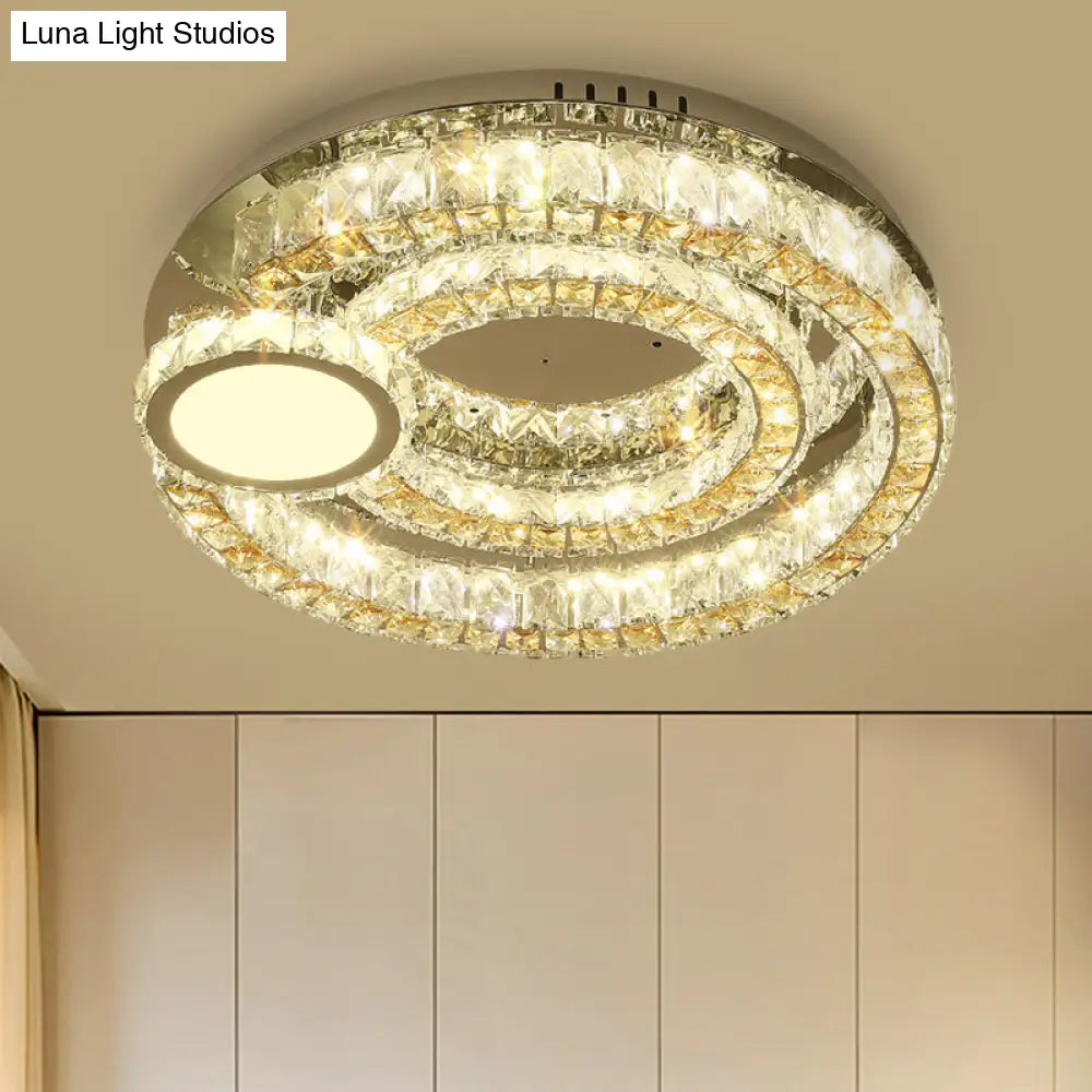 Contemporary Led Ring Flushmount: Stainless-Steel Finish Clear Faceted Crystal Blocks Ceiling Light