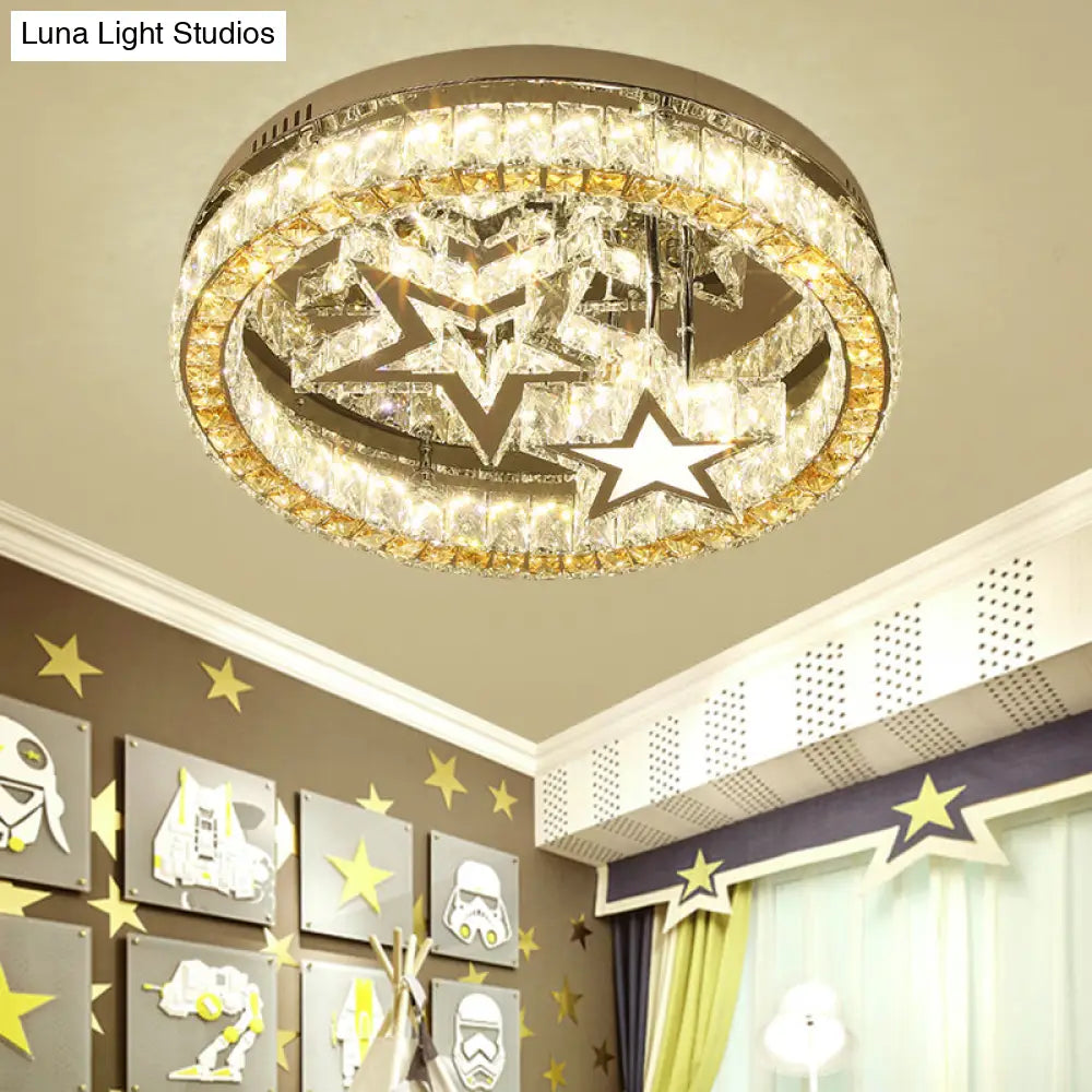 Contemporary Led Semi Flush Ceiling Lamp In Stainless-Steel With Clear Faceted Crystal Blocks And