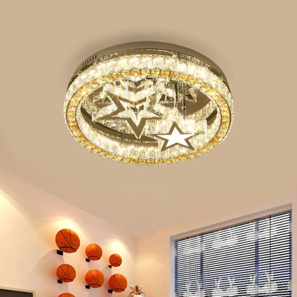 Contemporary Led Semi Flush Ceiling Lamp In Stainless-Steel With Clear Faceted Crystal Blocks And