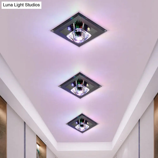 Contemporary Led Square Flushmount Light With Clear Crystals - Black Ideal For Corridor Ceiling