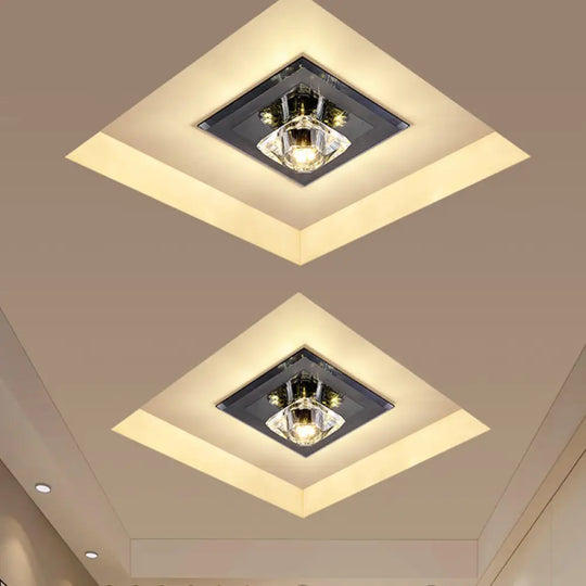 Contemporary Led Square Flushmount Light With Clear Crystals - Black Ideal For Corridor Ceiling
