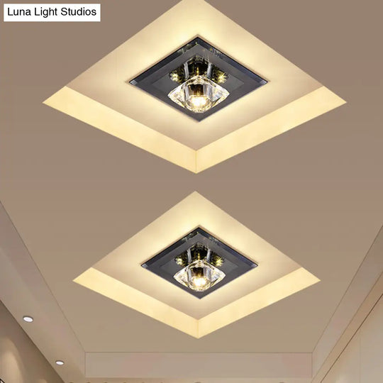 Contemporary Led Square Flushmount Light With Clear Crystals - Black Ideal For Corridor Ceiling