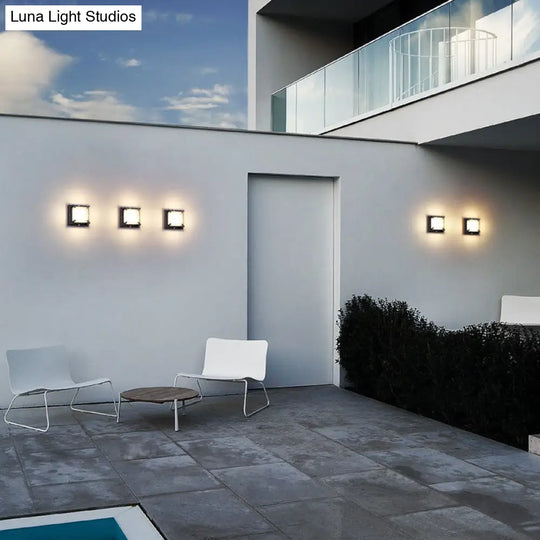 Contemporary Led Square Patio Wall Sconce Light In Black With Frosted Glass