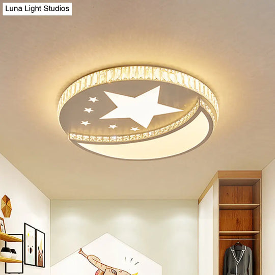 Contemporary Led Star And Moon Crystal Flush Light In White - Bedroom Mount Lighting