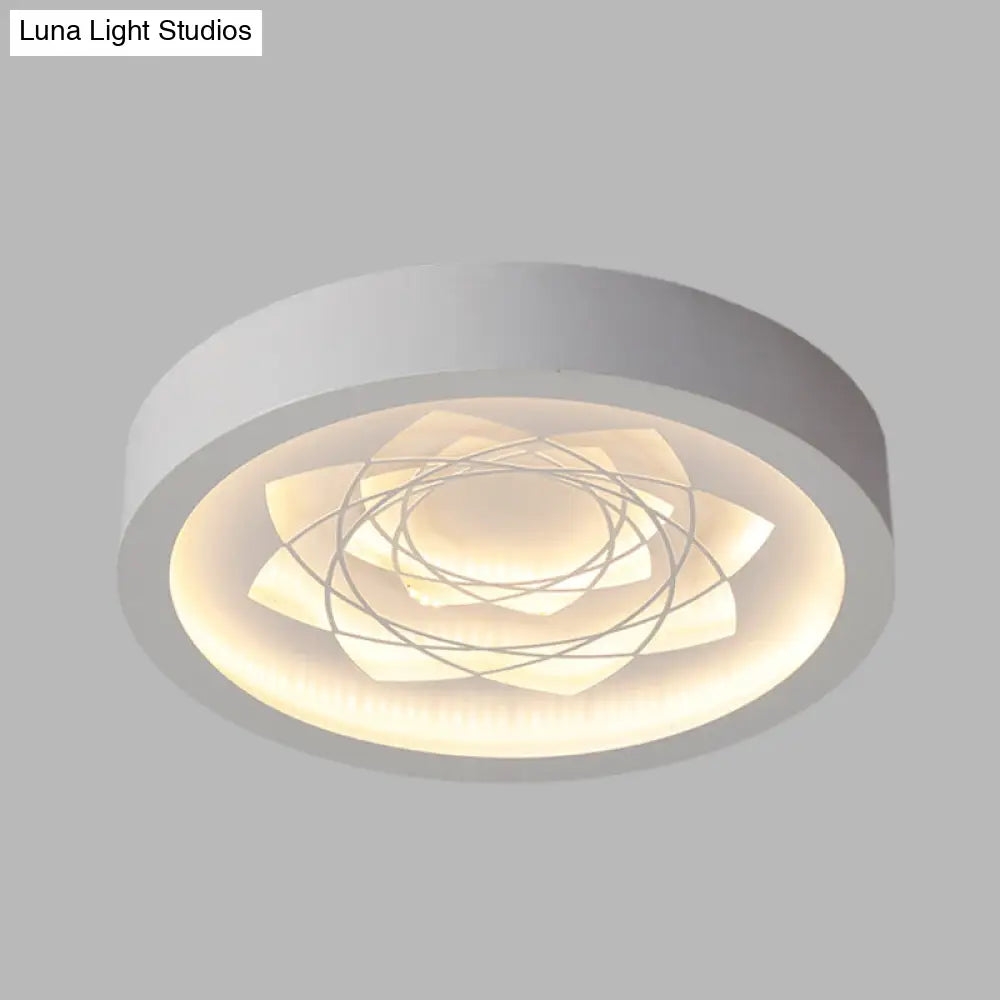 Contemporary Led White Drum Flush Mount Ceiling Fixture With Warm/White Light And Petal Pattern