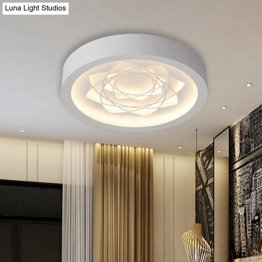 Contemporary Led White Drum Flush Mount Ceiling Fixture With Warm/White Light And Petal Pattern