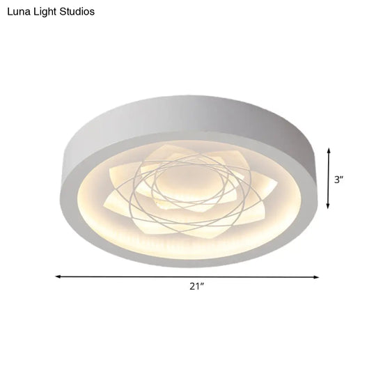 Contemporary Led White Drum Flush Mount Ceiling Fixture With Warm/White Light And Petal Pattern