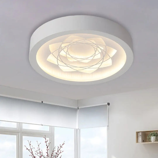 Contemporary Led White Drum Flush Mount Ceiling Fixture With Warm/White Light And Petal Pattern /