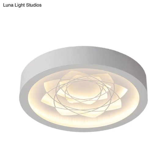 Contemporary Led White Drum Flush Mount Ceiling Fixture With Warm/White Light And Petal Pattern
