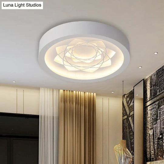 Contemporary Led White Drum Flush Mount Ceiling Fixture With Warm/White Light And Petal Pattern