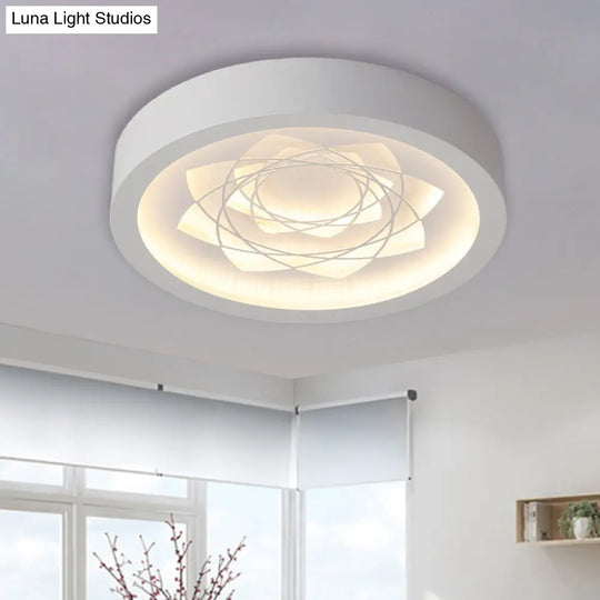 Contemporary Led White Drum Flush Mount Ceiling Fixture With Warm/White Light And Petal Pattern /