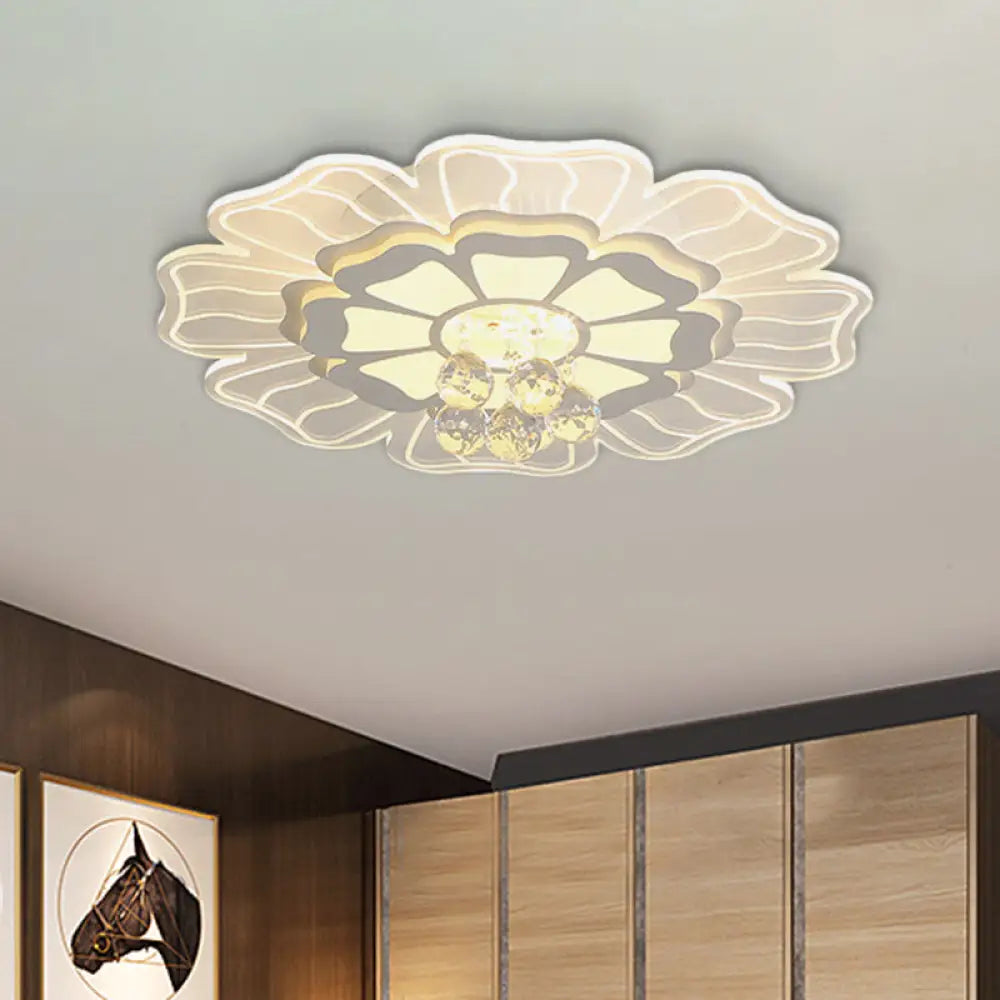 Contemporary Led White Flush Lamp With Floral Acrylic Shape And Crystal Drop
