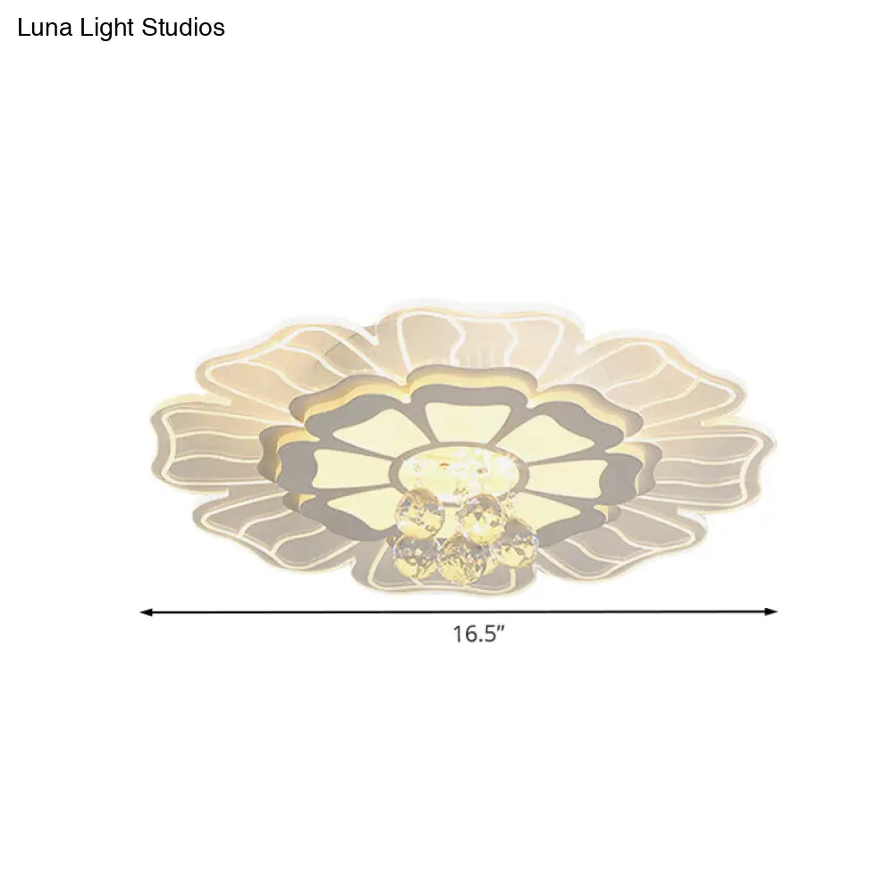 Contemporary Led White Flush Lamp With Floral Acrylic Shape And Crystal Drop