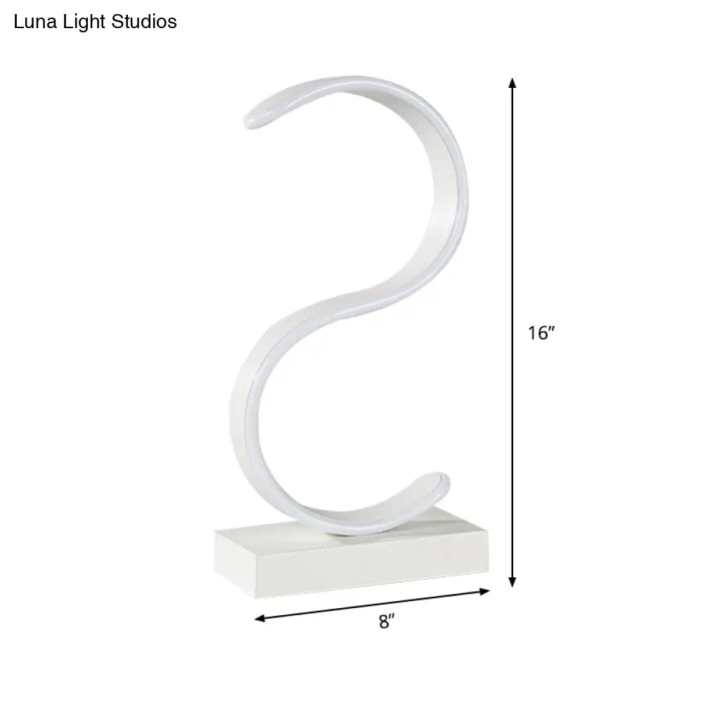 Contemporary Led White Small Desk Lamp With Acrylic S-Shape Design And Warm Light