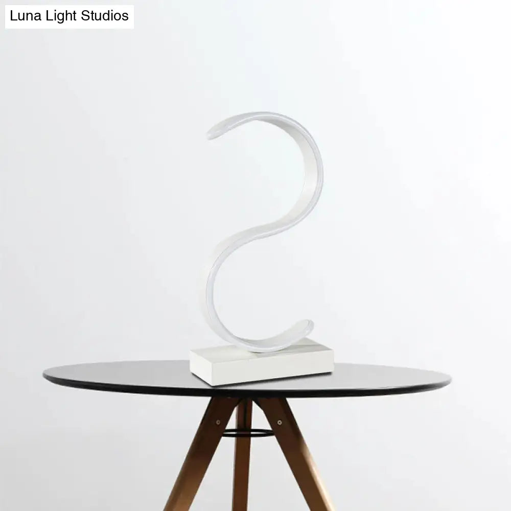 Contemporary Led White Small Desk Lamp With Acrylic S-Shape Design And Warm Light