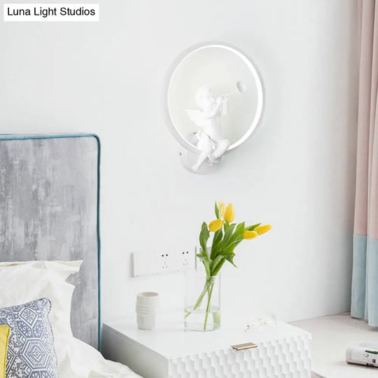 Contemporary Led White Wall Sconce With Angelic Boy Ring Design For Stairs