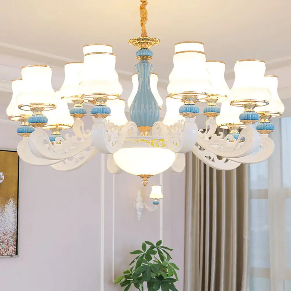 Contemporary Light Blue Pendant Chandelier For Living Room With White Glass Tapered Design 15 /