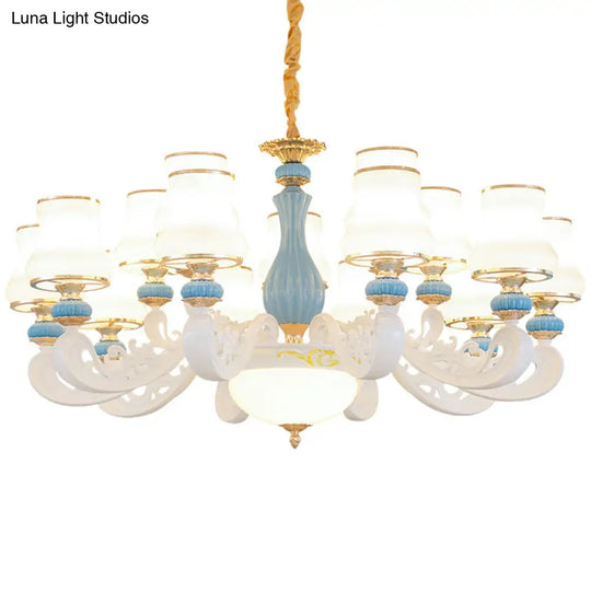 Contemporary Light Blue Pendant Chandelier For Living Room With White Glass Tapered Design