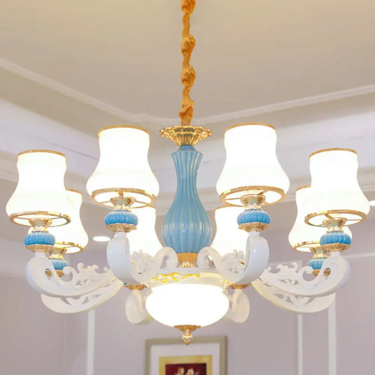 Contemporary Light Blue Pendant Chandelier For Living Room With White Glass Tapered Design 8 /