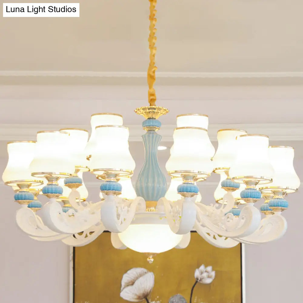 Contemporary Light Blue Pendant Chandelier For Living Room With White Glass Tapered Design