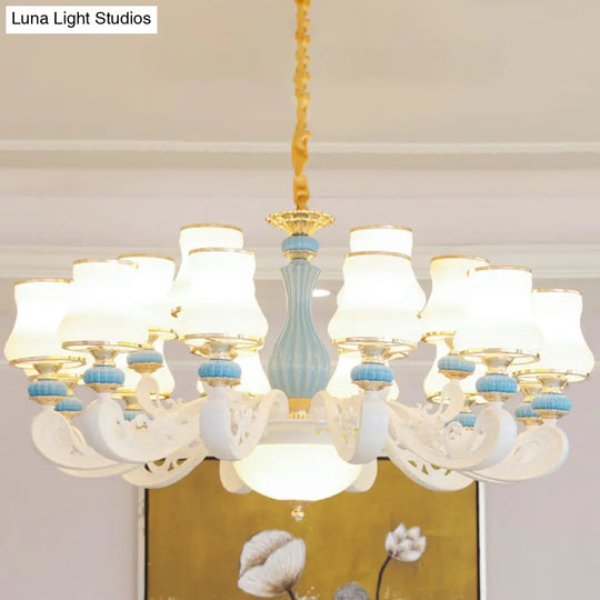 Contemporary Light Blue Pendant Chandelier For Living Room With White Glass Tapered Design